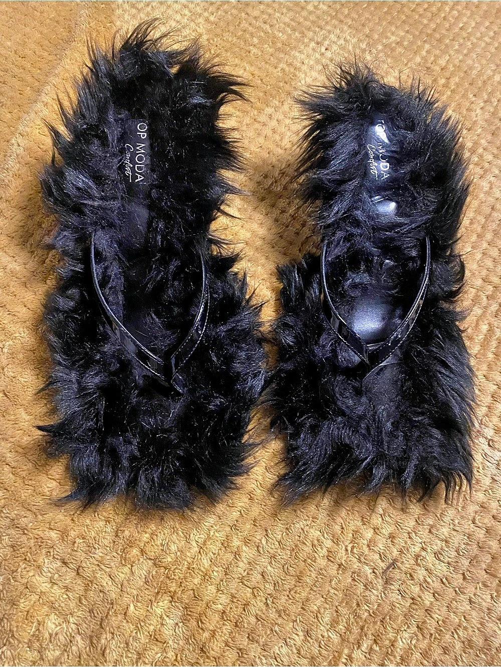 DEMONIA Feather Slippers in Black Like New